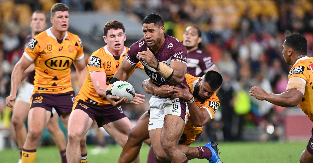 Tolutau Koula of the Sea Eagles stops Te Maire Martin of the Broncos  News Photo - Getty Images