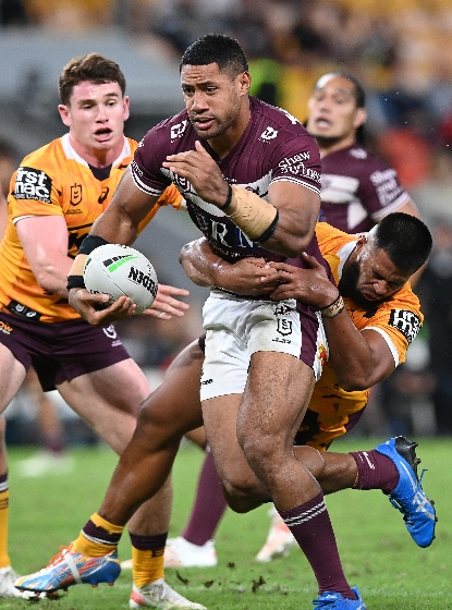 Tolutau Koula of the Sea Eagles stops Te Maire Martin of the Broncos  News Photo - Getty Images