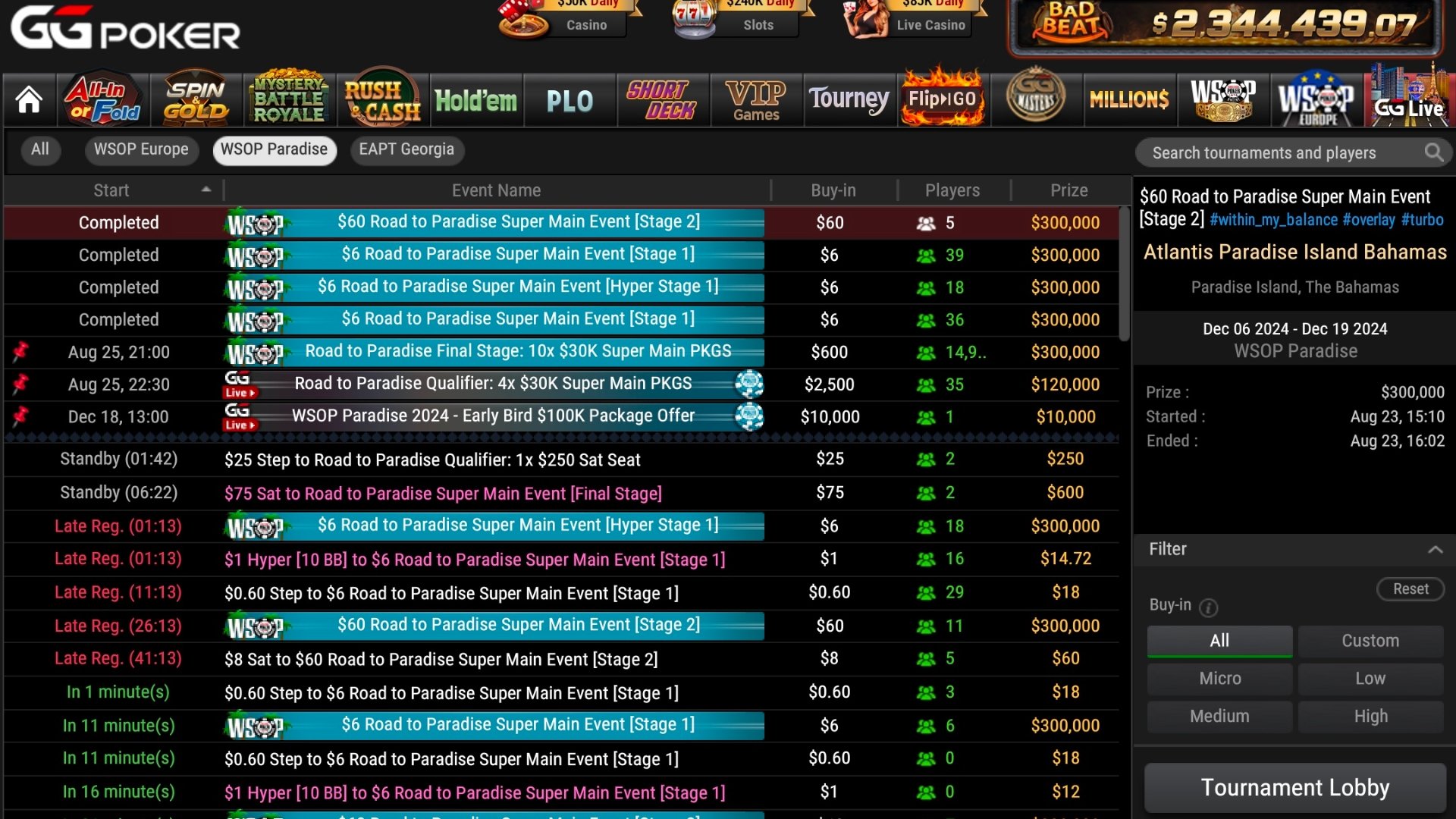 WSOP Paradise Satellites in the GGPoker Client